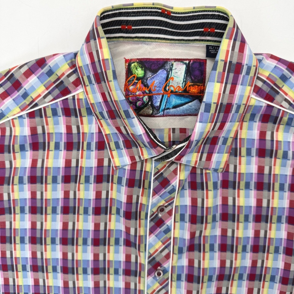 Robert Graham Button Down Men XL Multi-Color Plaid Short Sleeve Contrast Trim